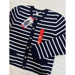 Nine West Cardigan Sweater Womens XSmall‎ Navy White Stripe Relaxed Elegant Chic